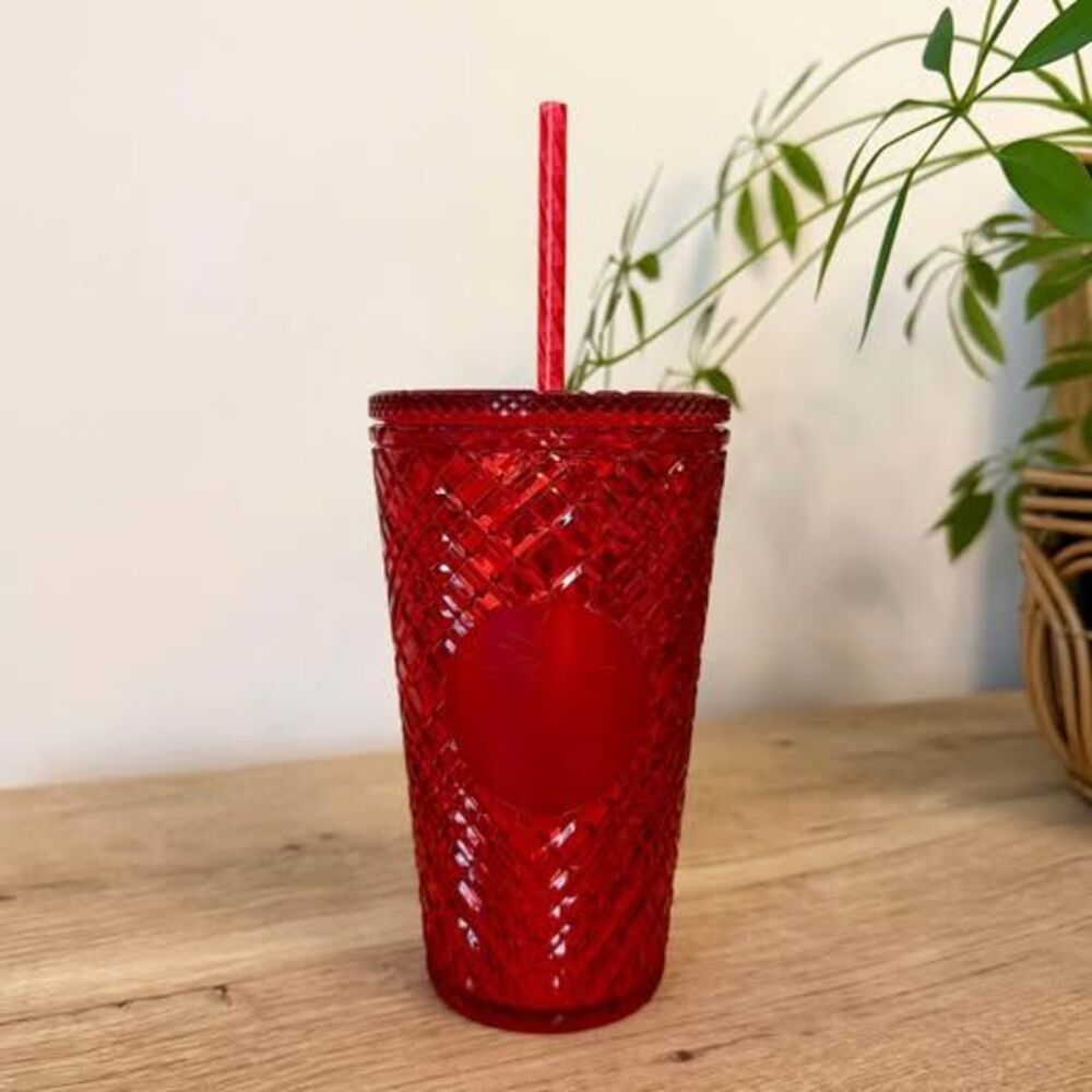 Starbucks 2021 Holiday Red Jeweled Grid Tumbler 16oz Gently Used